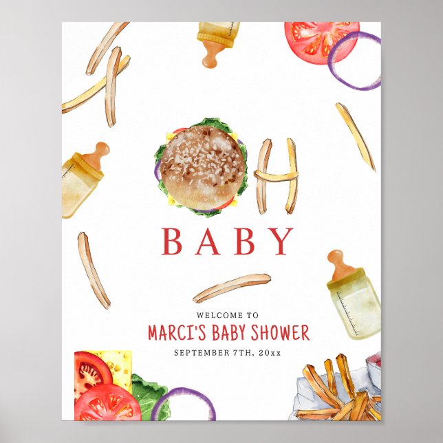 Poster Hamburgers et bouteilles Oh Baby shower Bienvenue (Devant)