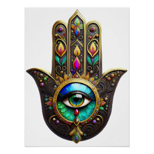 Poster Hamsa Brun Coloré Or Arc-en-Ciel Troisième Œil