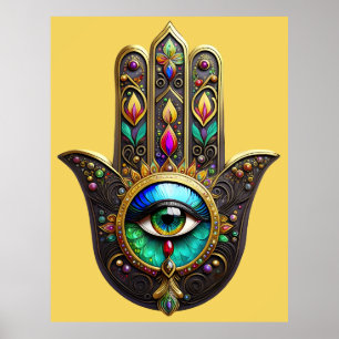 Poster Hamsa Brun Coloré Troisième Oeil Arc-en-Ciel