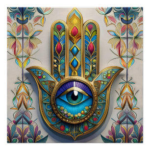Poster Hamsa du Troisième Œil en Filigrane Coloré Or Bleu