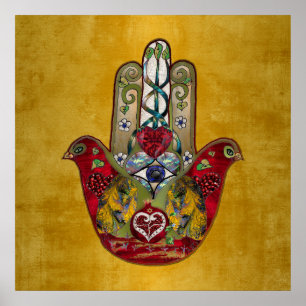 Poster Hamsa Rouge Oiseau Cœur Grenade Rubis