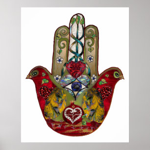 Poster Hamsa Rouge Oiseau Cœur Grenade Rubis