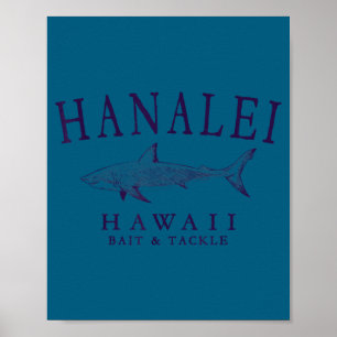 Poster Hanalei hawaii requin vintage prune art pêche