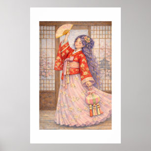 Poster Hanbok Élégant avec Éventail