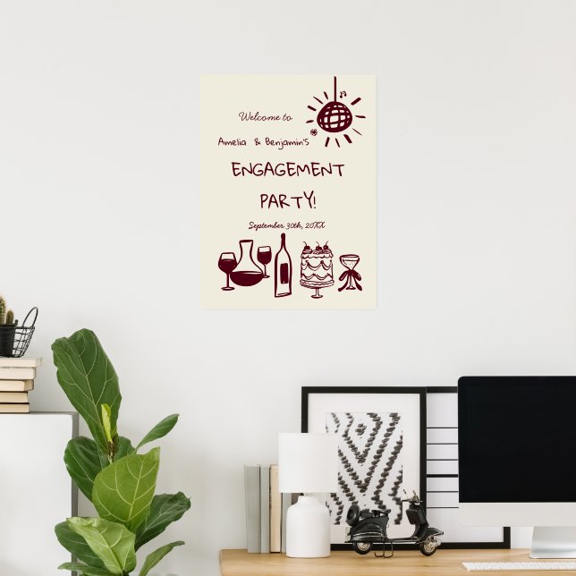 Poster Hand Drawn Engagement Party Wedding Welcome Sign. (Bureau à domicile)