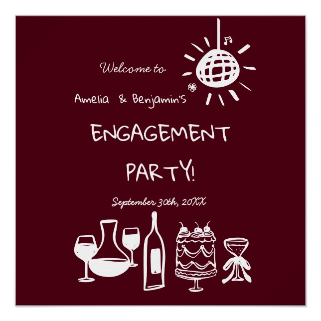 Poster Hand Drawn Engagement Party Wedding Welcome Sign. (Devant)