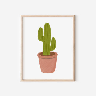 Poster Hand-Drawn Oil Pastel Potted Cactus Art