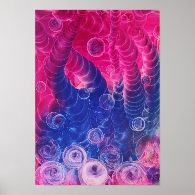 Poster Hand Painted Abstract Art Pink and Blue Gouache  (Devant)