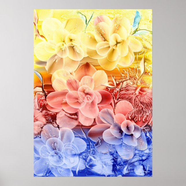 Poster Hand Painted Fantasy Floral Art - Yellow Red Blue  (Devant)