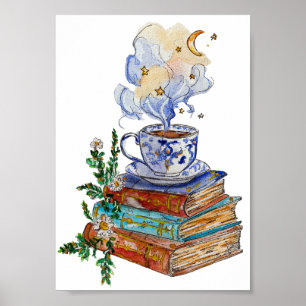 Poster Hand Painted Magical Books Steaming Cup Watercolor
