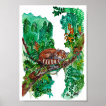 Hand Painted Sleeping Red Panda Watercolor Art