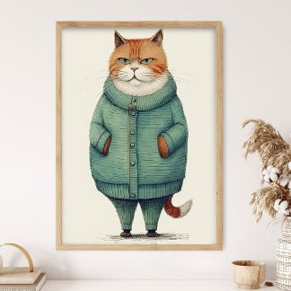 Poster Handsome Ginger Cat In Green Sweater, Funny Cat De