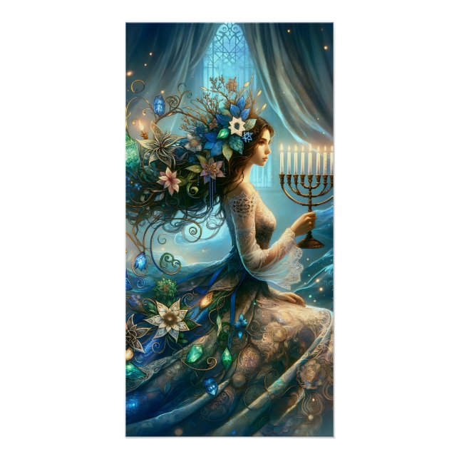 Poster Hannukah belle femme avec Menorah (Devant)