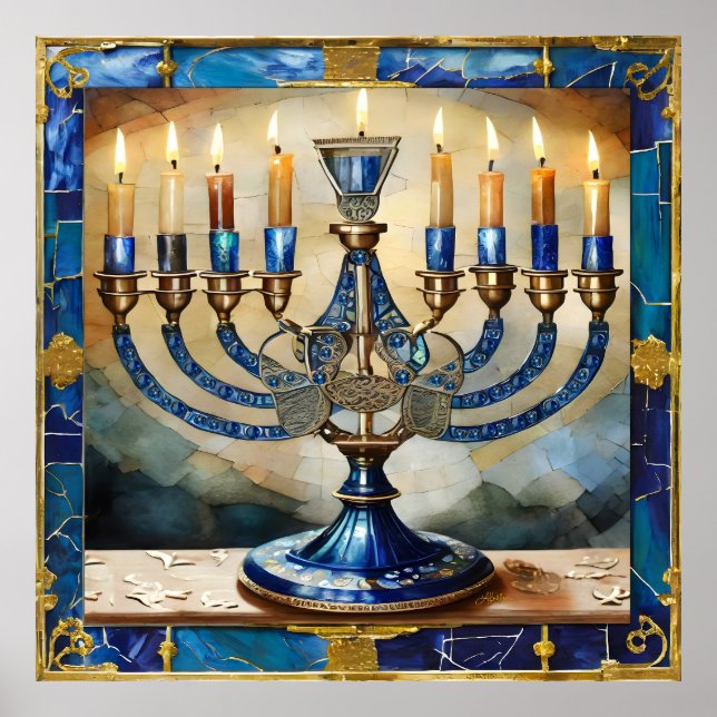Poster Hanoukka bleue Menorah (Devant)