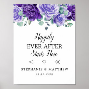 Poster Happily Ever After Purple Blooms Wedding Welcome P