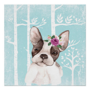 Poster Happy Animal avec Fleurs en Carlin de Chien-Forêt
