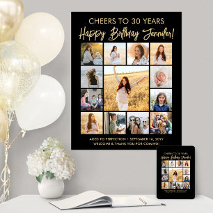 Poster Happy Birthday Photo Collage moderne Noir et Or