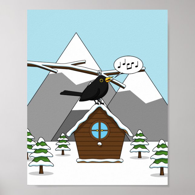 Poster Happy Blackbird chanter dans le paysage hivernal (Devant)