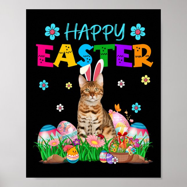 Poster Happy Easter Bunny Bengal Cat Hunting Eggs Colourf (Devant)