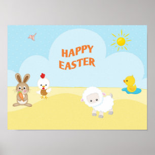 Poster Happy Easter with Cute Farm Animals