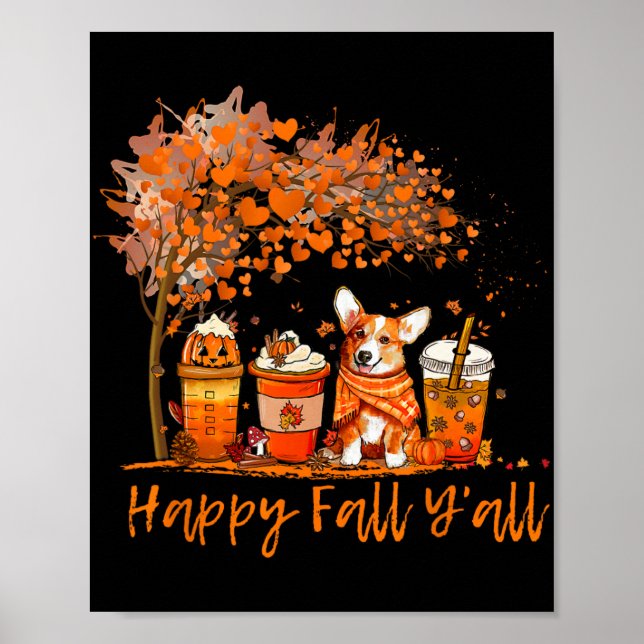Poster Happy Fall Y'all Autumn Corgi Halloween Pumpkin Sp (Devant)