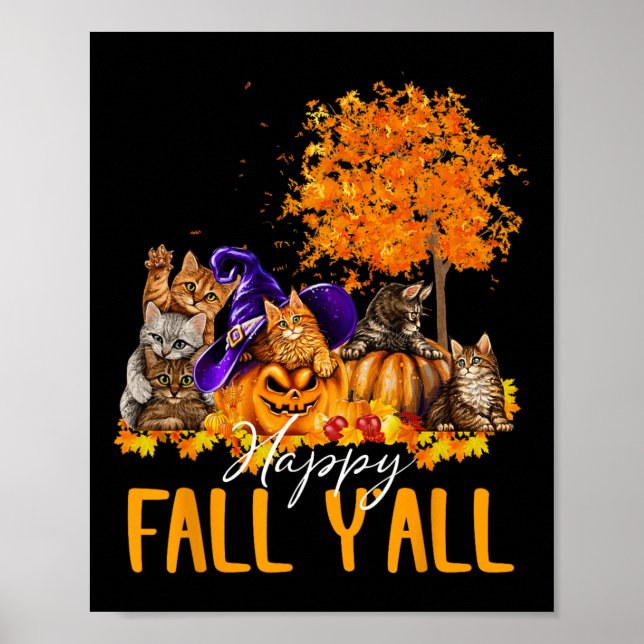 Poster Happy Fall Y'all Cats Lover Automne Citrouille Map (Devant)