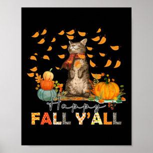Poster Happy Fall Y'All Citrouille Chat Automne Feuilles 