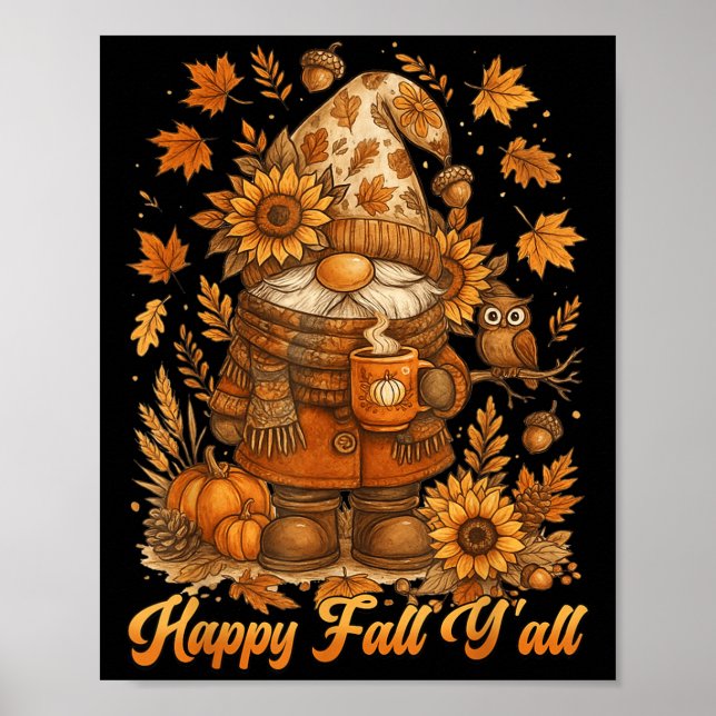 Poster Happy Fall Y'all Gnome Pumpkin Autumn Thanksgiving (Devant)