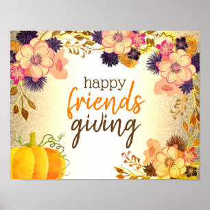 Poster Happy Friendsgiving Citrouille et Fleurs Rose Or