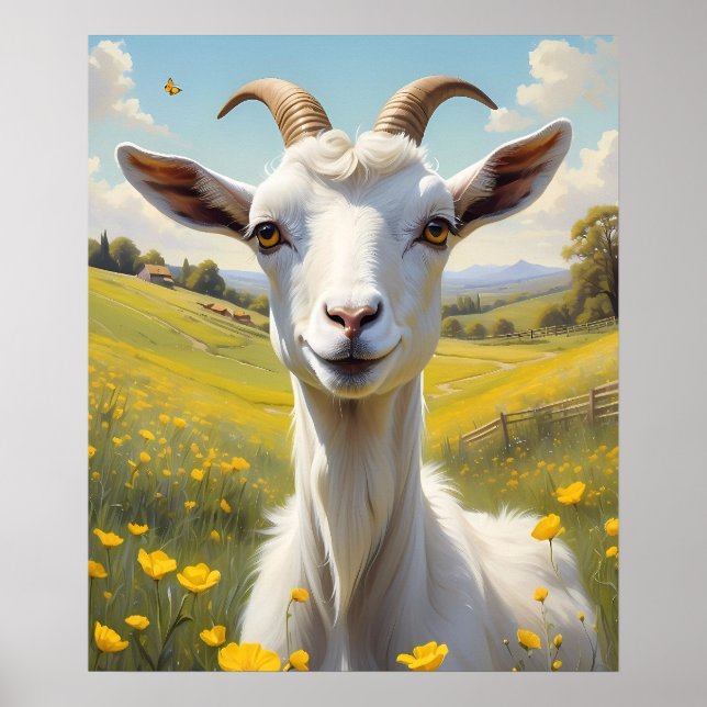 Poster Happy Goat Vibrant Buttercup Meadow (Devant)
