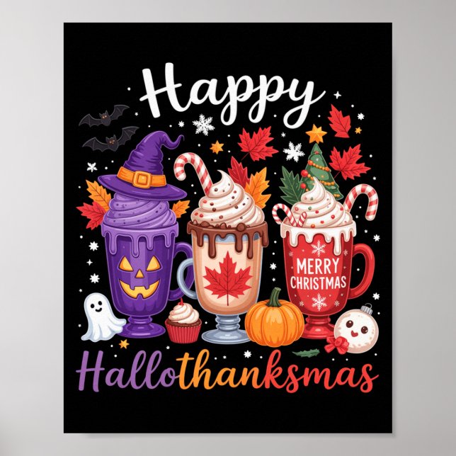 Poster Happy Hallothanksmas Coffee Lover Halloween Merry  (Devant)