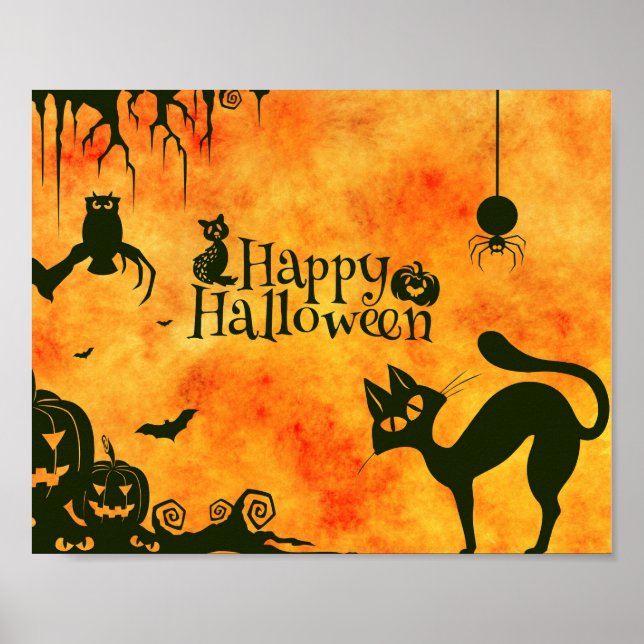 Poster Happy Halloween chat noir, hibou, citrouille (Devant)