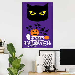 Poster Happy Halloween chauves-chats noirs citrouilles su