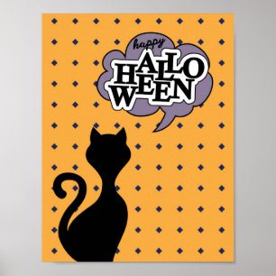 Poster Happy halloween dessin animé de chat noir