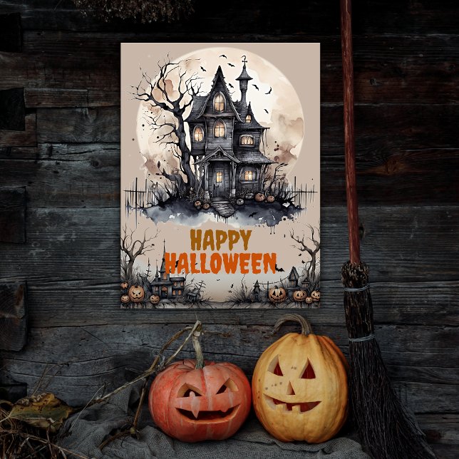 Poster Happy Halloween Eerie Haunted House (Get into the Halloween spirit with our spooktacular poster! Hang it up for maximum Halloween vibes!)