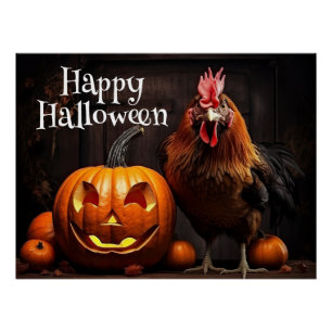 Poster Happy Halloween Farm Chicken Rooster Citrouille Pa