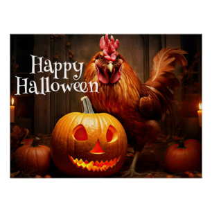 Poster Happy Halloween Farm Chicken Rooster Citrouille Pa