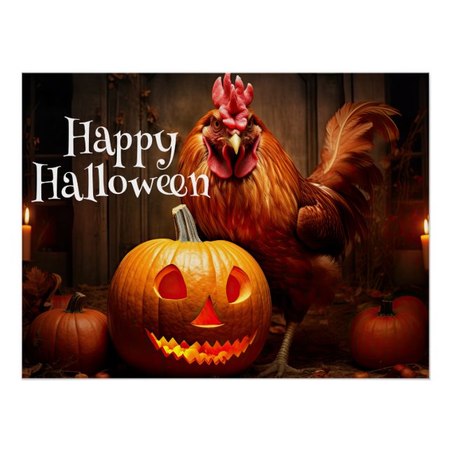 Poster Happy Halloween Farm Chicken Rooster Citrouille Pa (Devant)