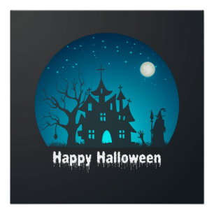 Poster Happy Halloween Maison hantée bleue et noire