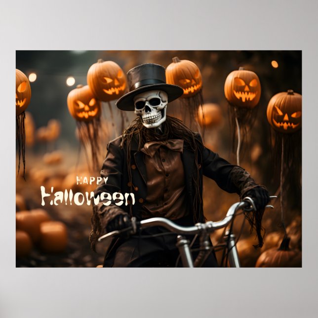 Poster Happy Halloween mignonette squelette et citrouille (Devant)