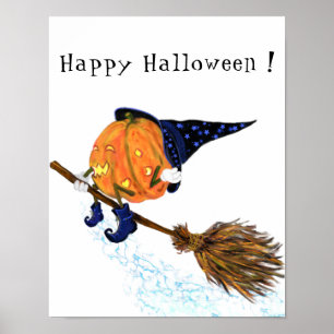 Poster Happy Halloween sorcière Citrouille Volant Chambre