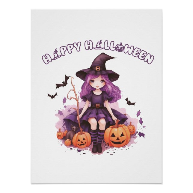 Poster Happy Halloween violet sorcière Citrouilles et cha (Devant)