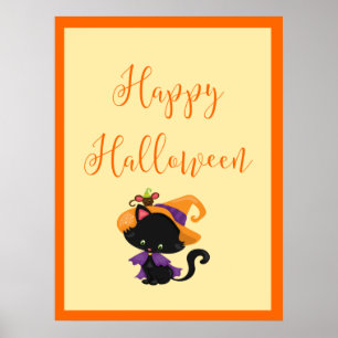Poster Happy Halloween Witch Kitten Orange Bordure