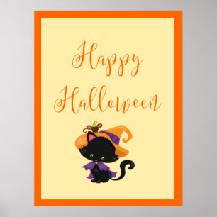 Poster Happy Halloween Witch Kitten Orange Bordure