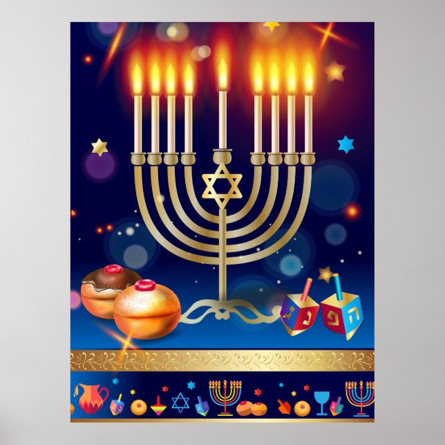 Poster Happy Hanoukka Gold Menorah Lights Art (Devant)