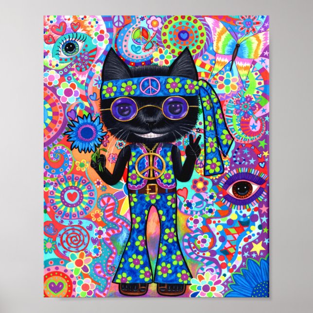 Poster Happy Hippie Chat Paix Signal Lunettes de soleil p (Devant)