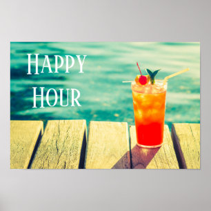 Poster Happy Hour slogan Retro cocktail sunset pool bar