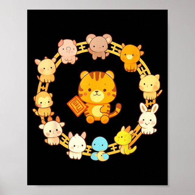 Poster Happy Lunar New Year Animals 12 Chinese Zodiac Sig (Devant)