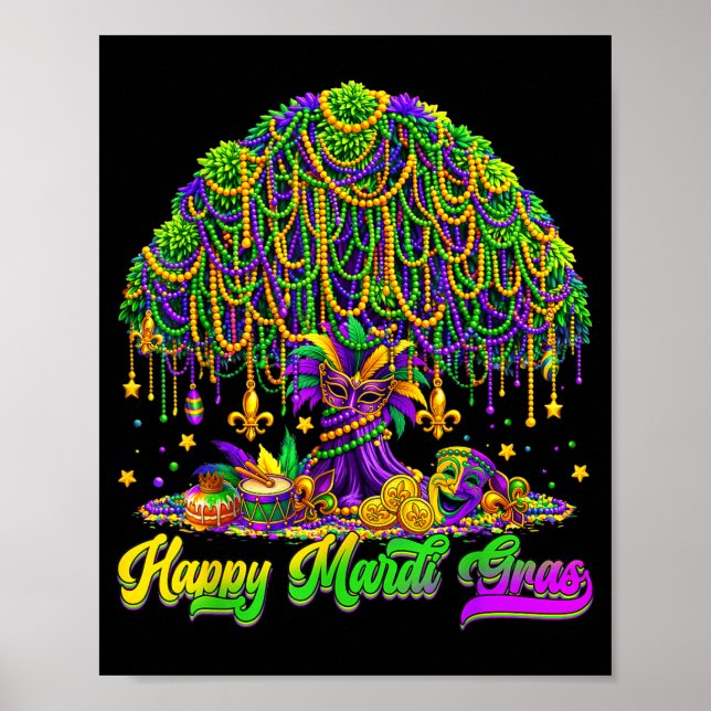 Poster Happy Mardi Gras Tree Beads Mask Carnival New Orle (Devant)