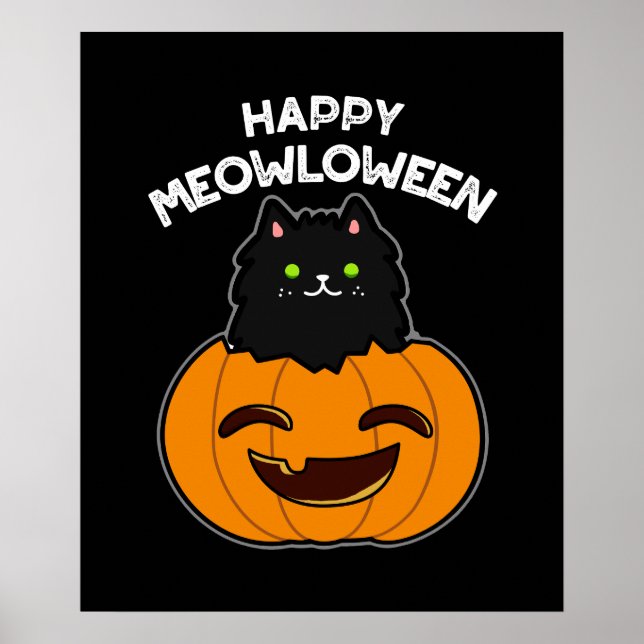 Poster Happy Meowloween Funny Halloween Pun Dark BG (Devant)
